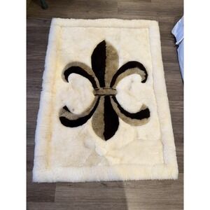 Vintage Sheepskin Patchwork Rug Fleur de Lis Shearling Fur 57x41 Rustic Cabin